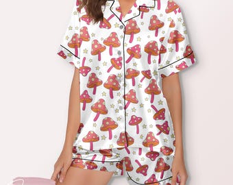 Magic Mushroom Pajama Set – Whimsical Seamless Mushroom Print Sleepwear with Stars, Cozy Button-Up Shorts for Women