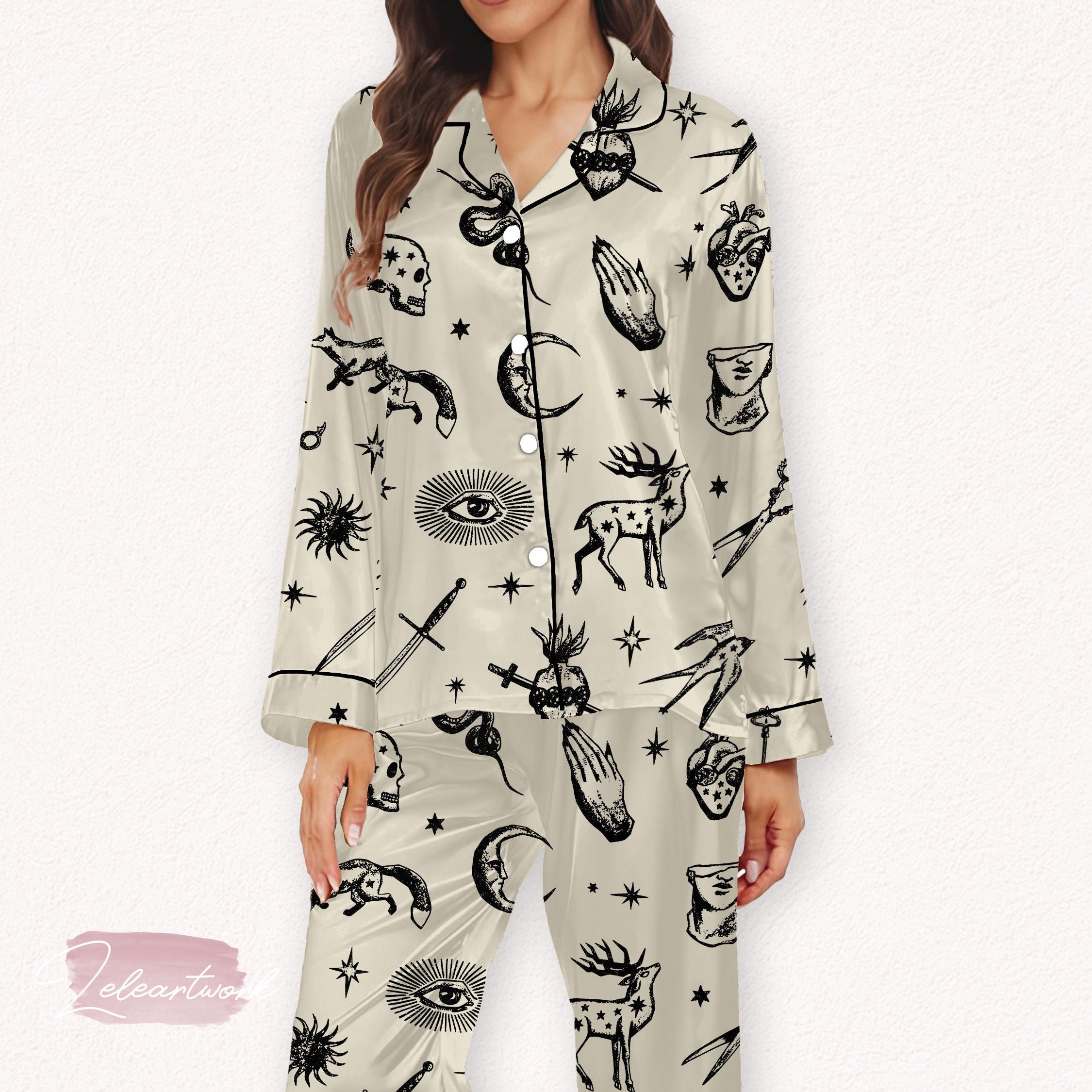 Dark Academia Set – Gothic Satin Pajamas With Symbolic Illustrations ...