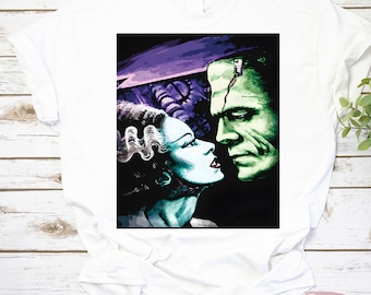 Glad Halloween Frankies brud Skräckfilm T-shirt, Frankie & Bride Monster T-shirt, Frankenstein T-shirt, Halloween T-shirt
