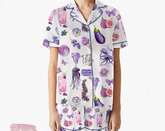 Lila kollektionsset | Silkeslen satinpyjamaset för kvinnor | Estetiska lila mönstrade sovkläder | Sommarmyskläder i present | Pastellviolett lounge