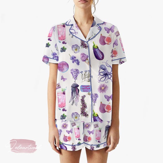 Watercolor Purple Pajama Set Shorts Purple Collection Set Silky