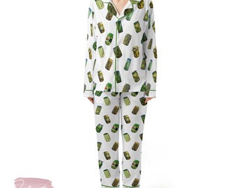 Pickle Collection | Silky Satin Pajama Set for Women | Funny Foodie Sleepwear | Pickle Jar Print PJs | Lightweight Summer Lounge Set