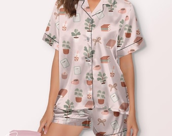 Girl Book Pajama Set – Cozy Book Lover Sleepwear with Plants, Coffee & Cute Aesthetic Print for Women