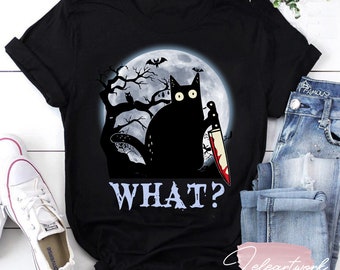 Cat What T-Shirt, Cat Holding Knife Shirt, Halloween Shirt, Black Cat Shirt
