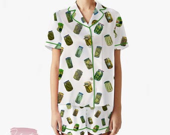 Pickle Collection | Silky Satin Pajama Set for Women | Funny Foodie Sleepwear | Pickle Jar Print PJs | Lightweight Summer Lounge Set