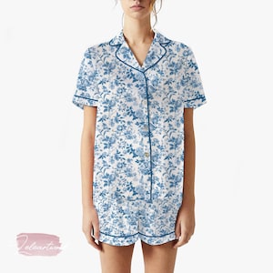 Liberty Blue Flower Set | Silky Satin Pajama Set for Women | Vintage Floral Toile Sleepwear | Blue and White Cottagecore Gift