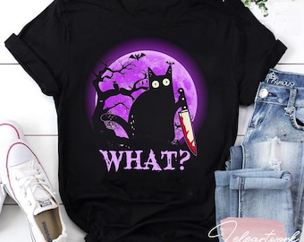 Wat moorddadige kat met mes grappig T-shirt Halloween-kostuum, shirt kat met mes, Halloween-shirt, shirt zwarte kat