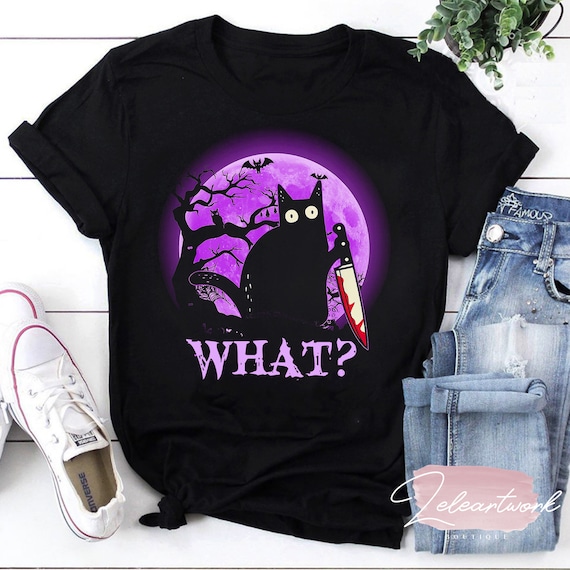 WHAT Murderous Cat With Knife Halloween Costume T-Shirt WHAT Murderous Cat With Knife Halloween Costume T-Shirt