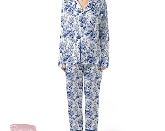Flower Blue Toile Pajama Set – Vintage Floral Short Sleeve Button Up Sleepwear, Soft Summer Loungewear Gift for Her