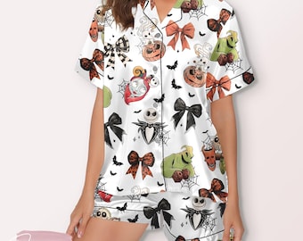 Spooky Pumpkin Bow Pajama Set – Gothic Skeleton & Doll-Inspired Halloween Sleepwear for Women