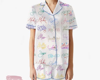 Princess Autographs Set | Silky Satin Pajama Set for Women | Disney-Inspired Sleepwear | Princess Signature Loungewear | Gift for Fans