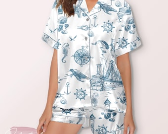 Sea Life Pajama – Nautical Satin Long Sleeve & Pants Set, Ocean Print Sleepwear for Women, Coastal Gift