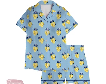 Blue Limone Fruit Pajama Set – Lemon Print Sleepwear on Sky Blue, Short Sleeve Summer Loungewear, Citrus Lover Gift
