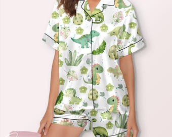 Cute Dinosaur Pajama Set – Satin Short Sleeve Sleepwear with Adorable Dino Print, Cozy Women’s Loungewear & Gift