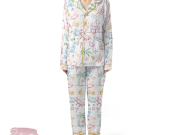 Cousins-strandset | Zijdezachte satijnen pyjamaset voor dames | Loungekleding met zomerstrandprint | Lichtgewicht kustnachtkleding | Cadeau-idee voor meidenreis