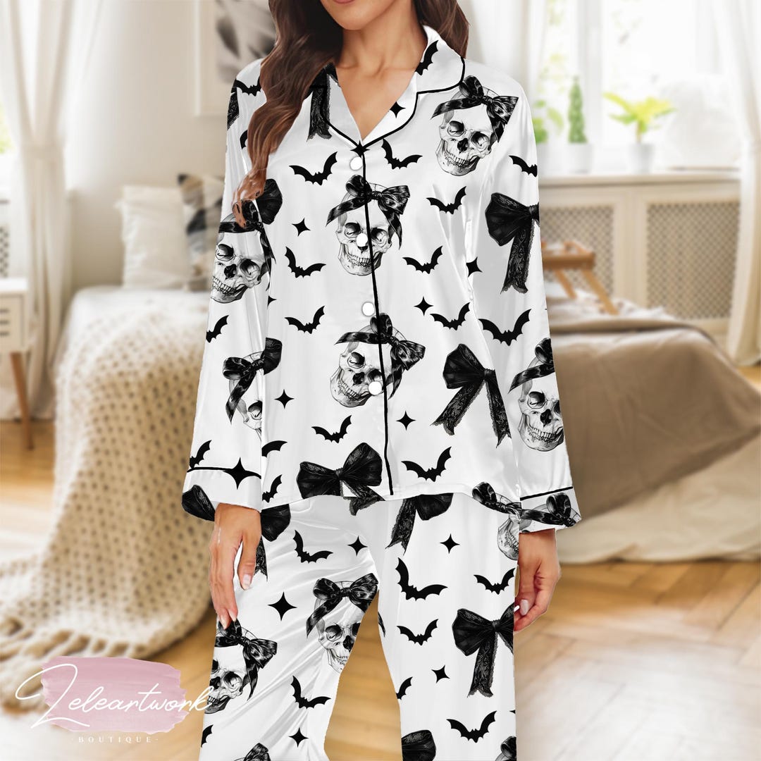 Coquette Bow Halloween Skull Pajama Set – Gothic Sleepwear With Skulls ...