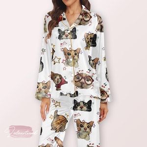 Cartoon Cats Pajama – Cute Satin Long Sleeve & Pants Sleepwear Set for Women, Cozy Cat Lover Gift