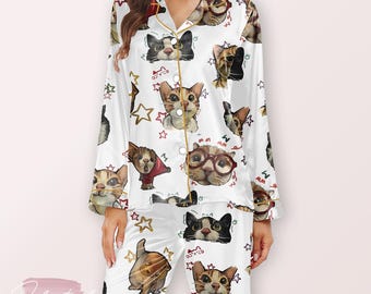 Piżama z kreskówkowymi kotami – uroczy satynowy komplet z długim rękawem i spodniami dla kobiet, przytulny prezent dla miłośniczki kotów