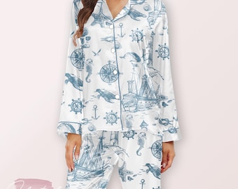 Sea Life Pajama – Nautical Satin Long Sleeve & Pants Set, Ocean Print Sleepwear for Women, Coastal Gift