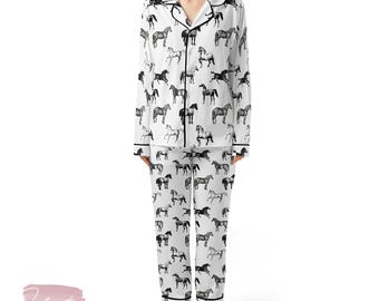 Pferdeliebhaber Pyjama Set - Schwarz-Weiße Nachtwäsche mit Reiter-Print für Damen, Pferde-Print Loungewear, Bauernhof-Tier-Geschenk-Set
