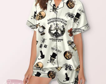 Trick Or Treat Vintage Halloween Pajama – Spooky Ouija-Inspired Satin Sleepwear with Skulls, Cats & Pumpkins