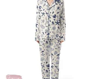 Conjunto de pijama com arte em conchas do mar – Pijama de manga curta com conchas azuis náuticas, roupa de dormir para amantes da praia, presente para relaxar no verão