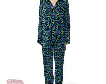 Valerie Stevens Satin Pajama Set M Floral Snake Print Long Sleeve 