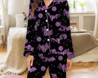 Halloween Bats Pajama Set – Spooky Gothic Sleepwear with Purple Bat & Moon Print, Cozy Button-Up Shorts for Women