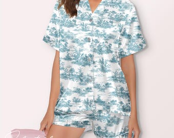 Blue Toile Pajamas | French Country Sleepwear Set | Vintage Cottagecore Satin PJs | Elegant Floral Toile Button Pajamas