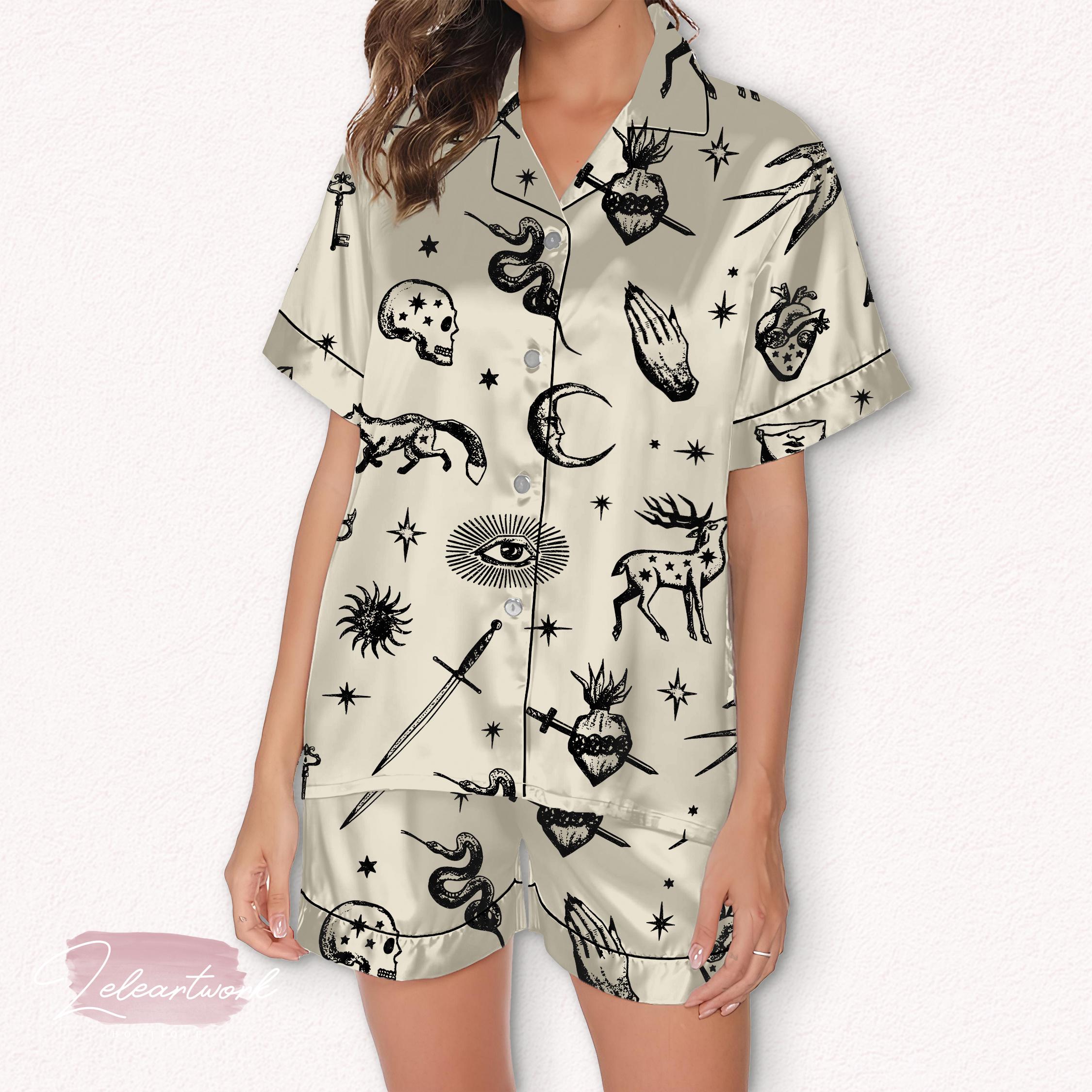 Dark Academia Set – Gothic Satin Pajamas With Symbolic Illustrations ...