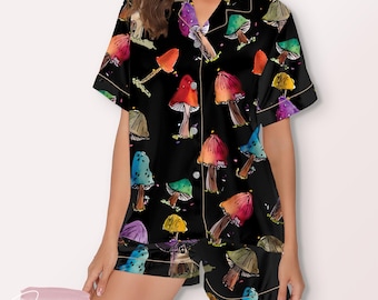 Colorful Mushrooms Pajama Set – Whimsical Sleepwear with Vibrant Fungi Print, Cozy Button-Up Shorts Set for Women