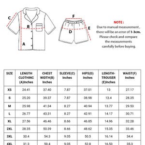 May include: Diagram of a short pajama set with measurements in inches. The set includes a button-down shirt and shorts. A size chart provides dimensions for various sizes, including length, chest width, sleeve, hips, and waist measurements.