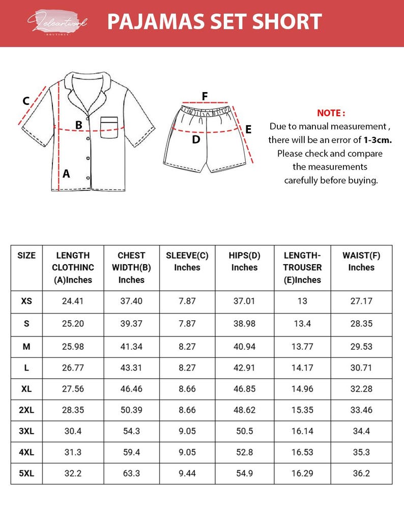 May include: Diagram of a short pajama set with measurements in inches. The set includes a button-down shirt and shorts. A size chart provides dimensions for various sizes, including length, chest width, sleeve, hips, and waist measurements.