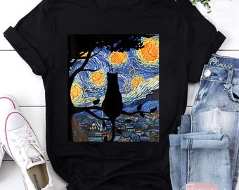 Cat T Starry Night Cat Tee Van Gogh Cat Gif T-Shirt, Black Cat Shirt, Van Gogh Shirt, Cat Shirt, The Starry Night Shirt, Gift For Cat Lover