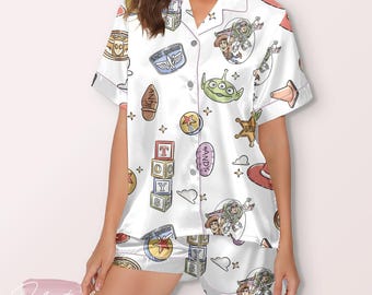 Toy Story Pajama Set – Cute Satin Sleepwear with Woody, Buzz Lightyear & Alien Print for Disney Pixar Fans