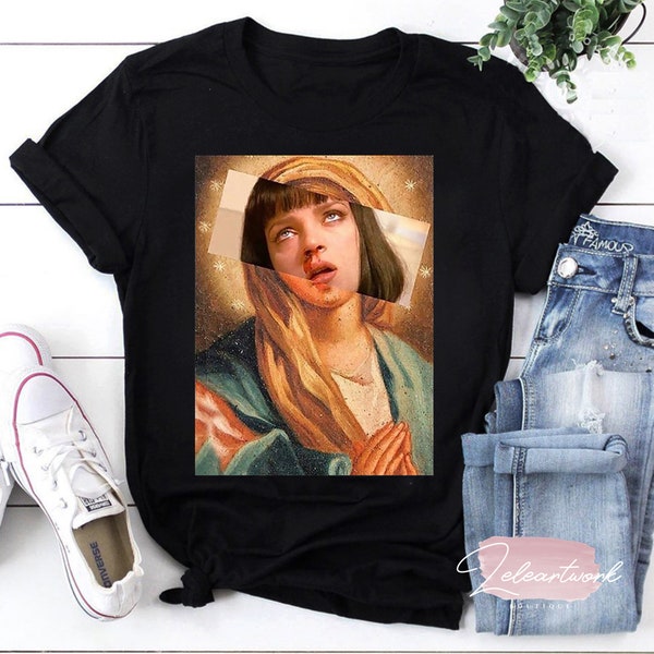 Pulp Fiction Virgen María Mia Wallace Camiseta, Camisa Mia Wallace, Camisa Pulp Fiction, Camisa Uma Thurman