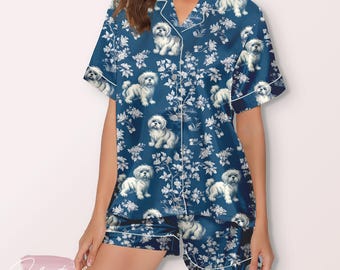 Shih Tzu Toile-pyjamas – Blå Toile-pyjamas med hundtryck, silkeslena långärmade pyjamasbyxor och loungekläder, present till hundmammor och djurälskare