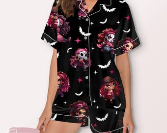 Chicano Halloween Horror Pajama Set – Gothic Sleepwear with Spooky Dolls, Bats & Dark Aesthetic Print for Women
