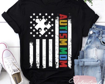 Camiseta vintage con la bandera estadounidense de "Mamá con autismo", camiseta de autismo, camiseta de concienciación sobre el autismo, camiseta con la bandera estadounidense, regalo para el Día de la Madre