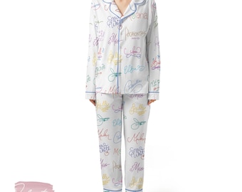 Princess Autographs Set | Silky Satin Pajama Set for Women | Disney-Inspired Sleepwear | Princess Signature Loungewear | Gift for Fans