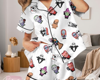 Horror Movie Characters Pajama Set – White Satin Short Sleeve & Shorts with Cute Spooky Cartoon Print | Halloween Sleepwear