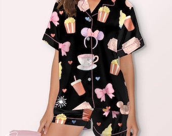 Life of a Park Girl Pajama Set – Cute Theme Park Satin Sleepwear with Popcorn, Bows & Mickey Ears, Fun Loungewear for Women