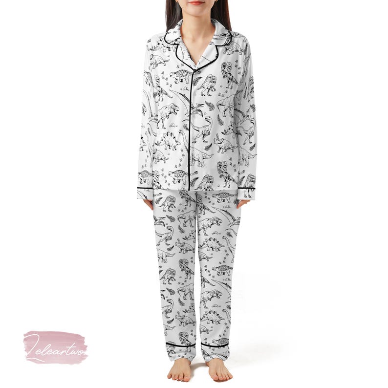 Vintage Dinosaur Pajama Set – Black &amp; White Prehistoric Print Sleepwear for Adults, Cute Retro ...