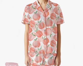 Pink Peach Set | Silky Satin Pajama Set for Women | Watercolor Fruit Print Sleepwear | Summer Lounge Set | Peach Aesthetic Gift