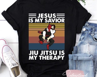 Jesus Is My Savior Jiu Jitsu Is My Therapy Funny Christian Gift T-Shirt, Bjj Shirt, Funny Jesus Shirt, Funny Satan Shirt