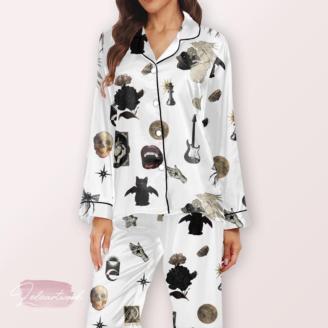 Gothic Vampire Pajama Set – Satin Long Sleeve Sleepwear With Skulls ...