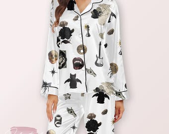 Gothic vampierpyjamaset – satijnen nachtkleding met lange mouwen met schedels, vleermuizen en donkere esthetische print