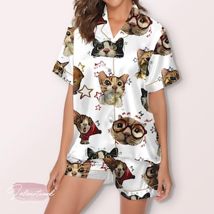 Cartoon Cats Pajama – Cute Satin Long Sleeve & Pants Sleepwear Set for Women, Cozy Cat Lover Gift
