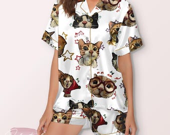Cartoon Cats Pajama – Cute Satin Long Sleeve & Pants Sleepwear Set for Women, Cozy Cat Lover Gift