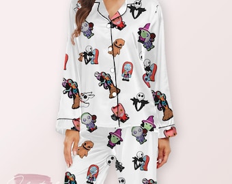 Horror Movie Characters Pajama Set – White Satin Short Sleeve & Shorts with Cute Spooky Cartoon Print | Halloween Sleepwear